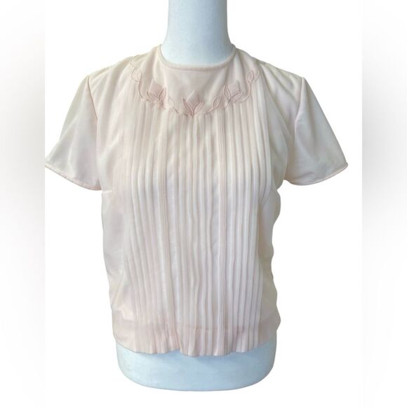Vintage Pink Chiffon and Nylon Pleated Short Sleeve Blouse/Top.  Small - Picture 1 of 9